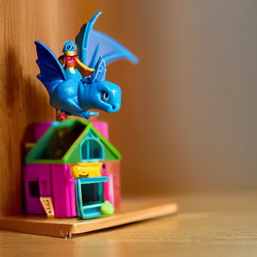 Prompt: a polly pocket toy set that is dinosaur themed, sat on a wooden study desk in front of a window, god rays, dust particles, photorealistic, aesthetic shot, worms eye view, macro camera lens, high definition, thematic, cinematic - - n 9
