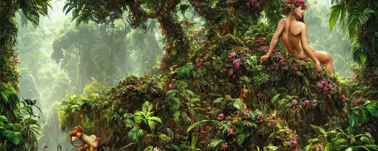 Prompt: a beautiful jungle landscape bordered by vines, flowers, tropical birds, monkey, snake, river with stunning water, d & d, fantasy, intricate, elegant, highly detailed, digital painting, artstation, concept art, matte, sharp focus, illustration, art by artgerm and greg rutkowski and alphonse mucha