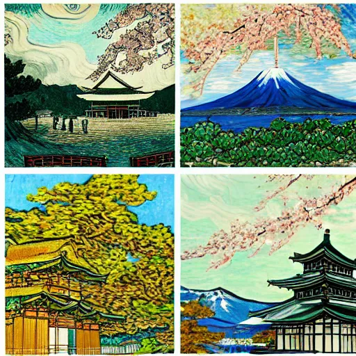 Prompt: japanese temples, cherry blossoms, worshippers, lakes, clouds, van gogh style