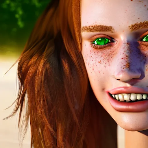 Image similar to portrait of a cute thin young woman, bronze brown hair, eye color is emerald green, red blush, cute freckles, smug smile, modern clothes, relaxing on the beach, golden hour, close up shot, 8 k, art by irakli nadar, hyperrealism, hyperdetailed, ultra realistic