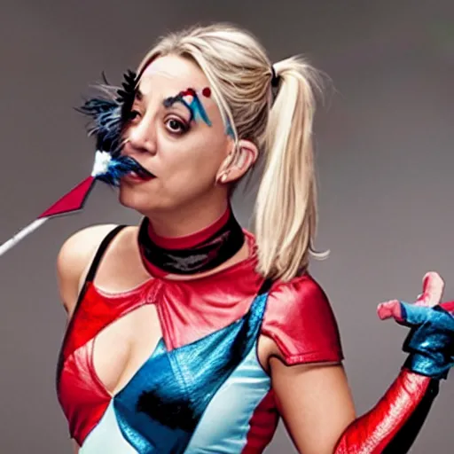 Image similar to A still of Kaley Cuoco as Harley Quinn