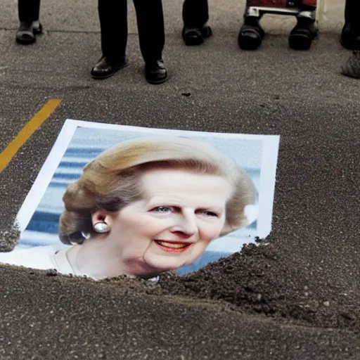 Image similar to photograph of margaret thatcher buried beneath a paved road