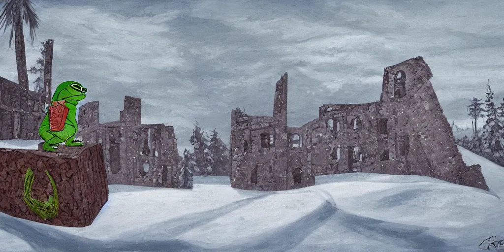 Image similar to pepe the frog snowboarding, gloomy landscape, ruins, painted by christopher radlund