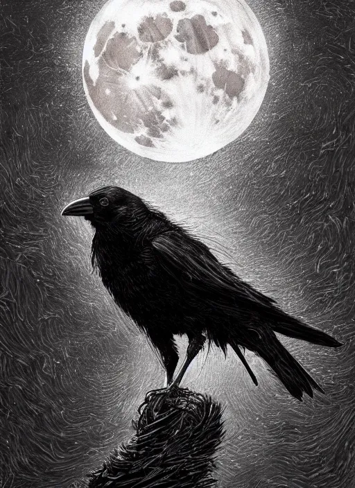 Image similar to portrait, A crow in front of the full big moon, book cover, red white and black colors, establishing shot, extremly high detail, foto realistic, cinematic lighting, pen and ink, intricate line drawings, by Yoshitaka Amano, Ruan Jia, Kentaro Miura, Artgerm, post processed, concept art, artstation, matte painting, style by eddie mendoza, raphael lacoste, alex ross