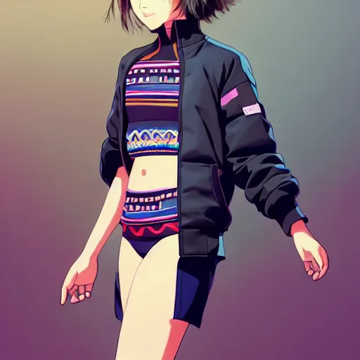 Image similar to a beautiful! boyish! natalie portman alluring gravure! model, wearing oversized aztec bomber jacket and leotard, poofy bomber jacket with mayan patterns, gapmoe yandere grimdark, trending on pixiv fanbox, painted by greg rutkowski makoto shinkai takashi takeuchi studio ghibli, akihiko yoshida