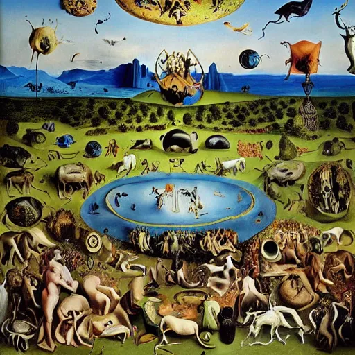 Image similar to The Garden of Earthly Delights by Salvador Dalí, surrealist, detailed, accurate, award wining, original modern artwork, rgb, ethereal lighting