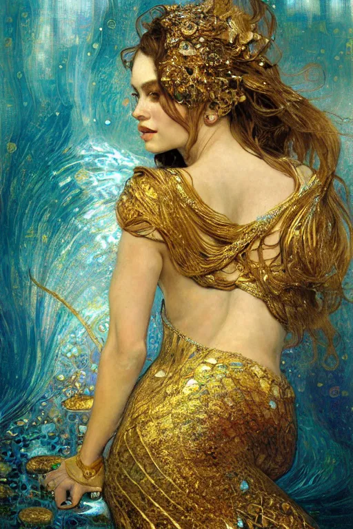 Image similar to an intricate painting of a beautiful young mermaid with klimt golden motives and textures, hyper detailed, ornamental gold headpiece, octane render, vivid colors, artstation, by jeremy mann, by alphonse mucha, by boris vallejo