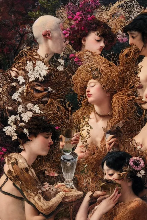 Prompt: a group of animals having a drink together by frantisek kupka, intricate, miles johnston, kuroda seiki, cynical realism, ozabu, john william godward, painterly, yoshitaka amano, moebius, miles johnston, louise zhang, james jean, mark ryden