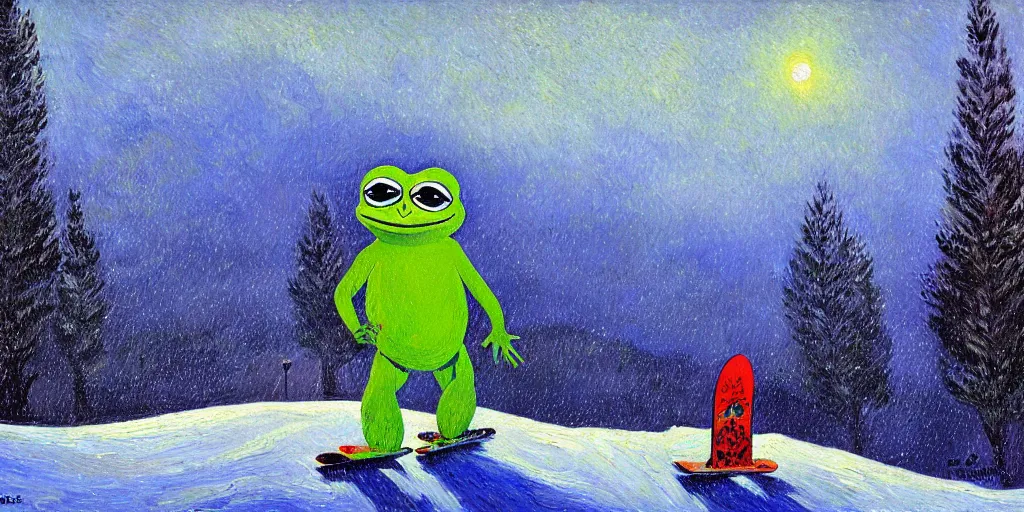 Image similar to pepe the frog snowboarding, gloomy landscape, expressive oil painting by christopher radlund and camille pissaro