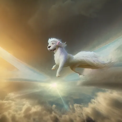 Prompt: falcor the luck dragon in the neverending story flying bravely through the nothing epic storm. digital art, volumetric lighting