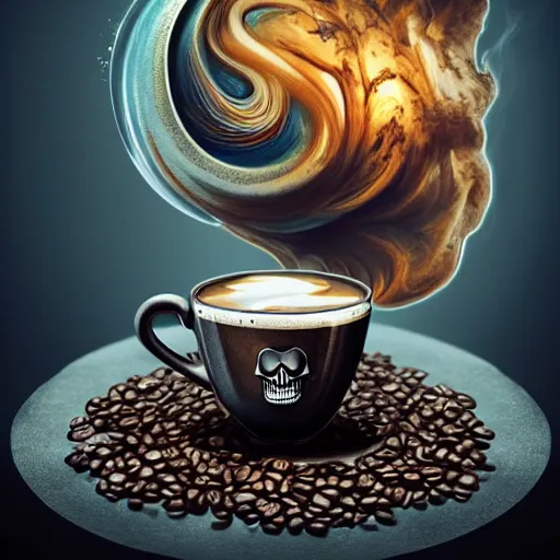 Image similar to a beautiful detailed 3 d matte whirlpool in a cup of coffee on a desk, ominous, magical realism, texture, intricate, skull, skeleton, whirling smoke radiant colors, fantasy, volumetric lighting, high details