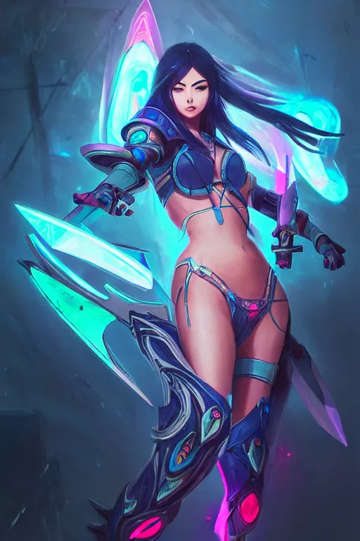 Image similar to irelia from league of legends, cyberpunk futuristic neon. flying kunai's, decorated with traditional japanese ornaments by ismail inceoglu dragan bibin hans thoma greg rutkowski alexandros pyromallis nekro rene maritte illustrated, perfect face, fine details, realistic shaded, fine - face, pretty face, masterpiece