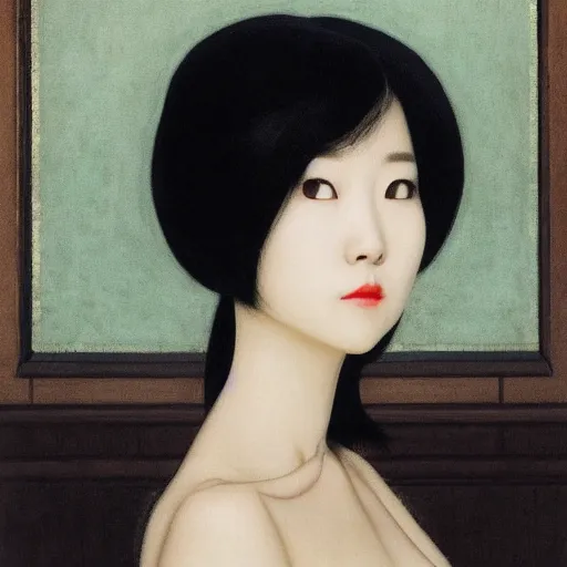 Prompt: Lee Jin-Eun by Edward Okuń, rule of thirds, seductive look, beautiful
