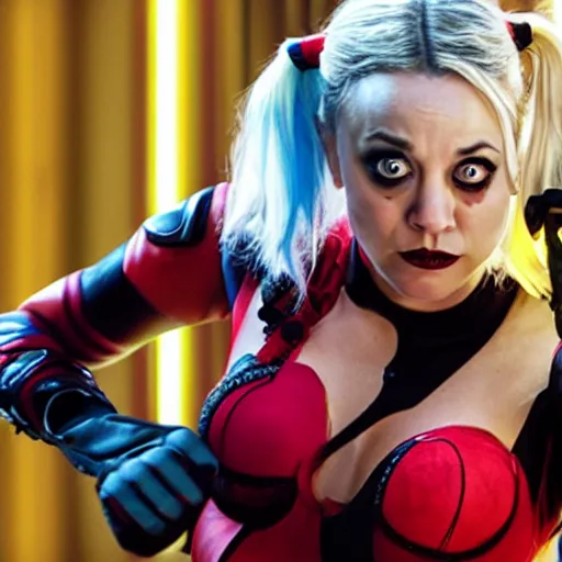 Image similar to A still of Kaley Cuoco as Harley Quinn