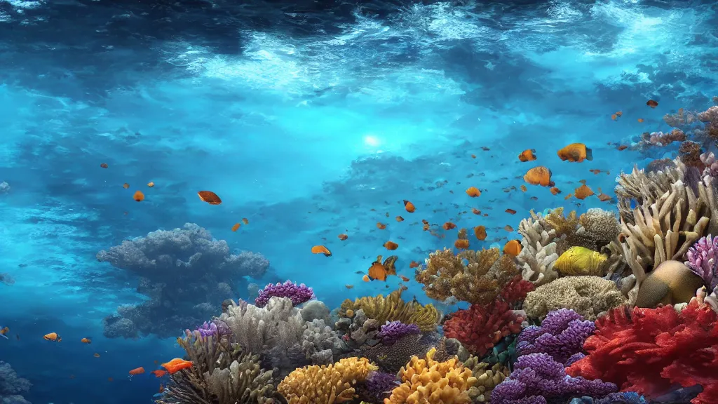 Image similar to The Australian barrier reef as seen from underwater with lots of fish, very very very beautiful scenery, hd, hdr, ue5, ue6, unreal engine 5, cinematic 4k wallpaper, 8k, ultra detailed, high resolution, artstation, award winning