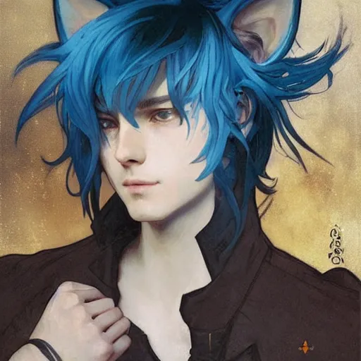 Image similar to Portrait of a pretty fantasy catboy with blue hair and cute small cat ears. Art by Greg Rutkowski and Alphonse Mucha