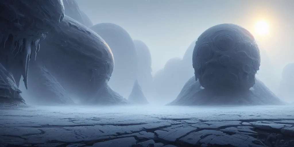 Image similar to strange surface of icy alien planet at dawn, misty, ultra high definition, ultra detailed, symmetry, sci - fi, by greg rutkowski and ross tran