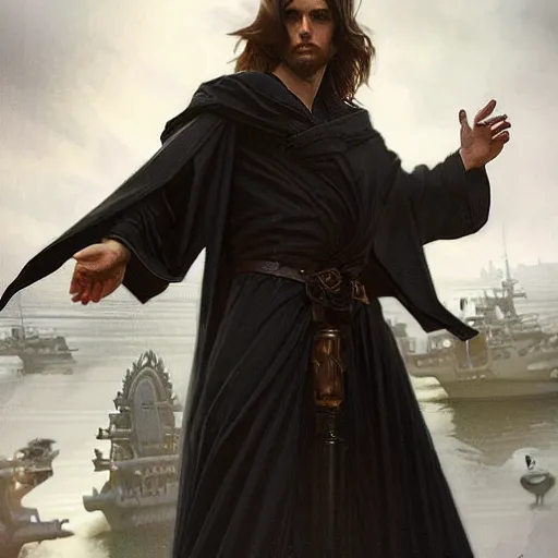 Image similar to dramatic pale male rogue in black robes on a ship deck, fantasy, D&D, full body portrait, piercing stare, highly detailed, digital painting, artstation, concept art, matte, sharp focus, illustration, art by artgerm and greg rutkowski and alphonse mucha