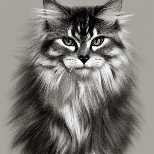 Image similar to long - haired siberian cat, full body, beautiful, illustration, charcoal, trending, artstation, hyper - detailed, coulson, peter