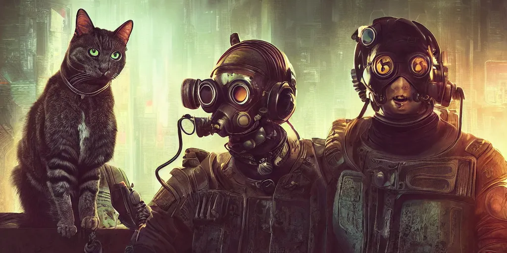 Image similar to cyberpunk cat and normal cat, brothers, fallout 5, studio lighting, deep colors, apocalyptic setting