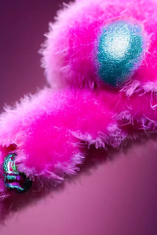 Image similar to high quality close-up photo pearlescent fluffy caterpillar! gorgeous highly detailed hannah yata elson peter cinematic pink lighting high quality low angle hd 8k sharp shallow depth of field