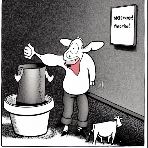 Image similar to a cow points at a bucket, illustrated by gary larson, far side comic, b & w