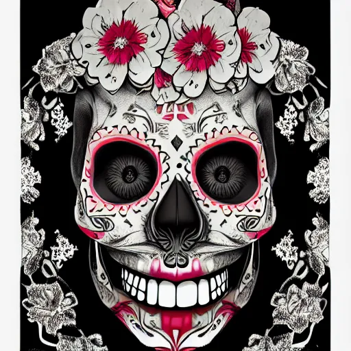 Image similar to A highly stylized digital HD photorealistic rendering of the face of a tattooed Day of the Dead skull smiling head and shoulders three-quarters view, with flowers, intricate patterns on face, on a poster promoting AI art