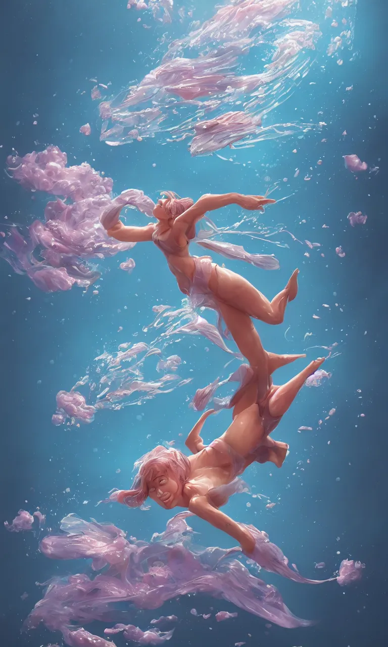 Image similar to a mix between a woman and a fish, diving in the air rounded by jelly clouds made by Stanley Artgerm Lau, WLOP, Rossdraws, ArtStation, CGSociety, concept art, cgsociety, octane render, trending on artstation, artstationHD, artstationHQ, unreal engine, 4k, 8k,