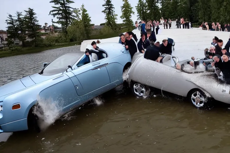 Image similar to Group of teenagers push Rolls-Royce into lake from small slide