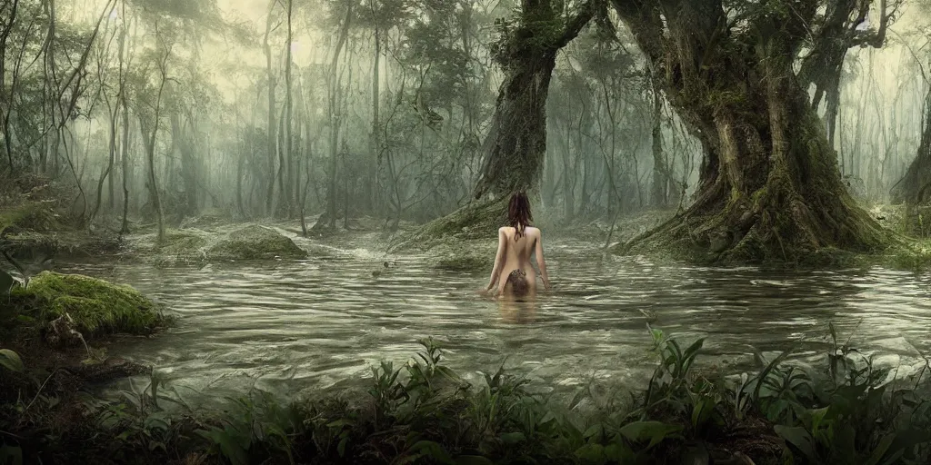 Prompt: forest nymph rising from the water. view from behind, back view. nuri iyem, james gurney, james jean, greg rutkowski, anato finnstark. award winning photography, cinematic, wild vegetation