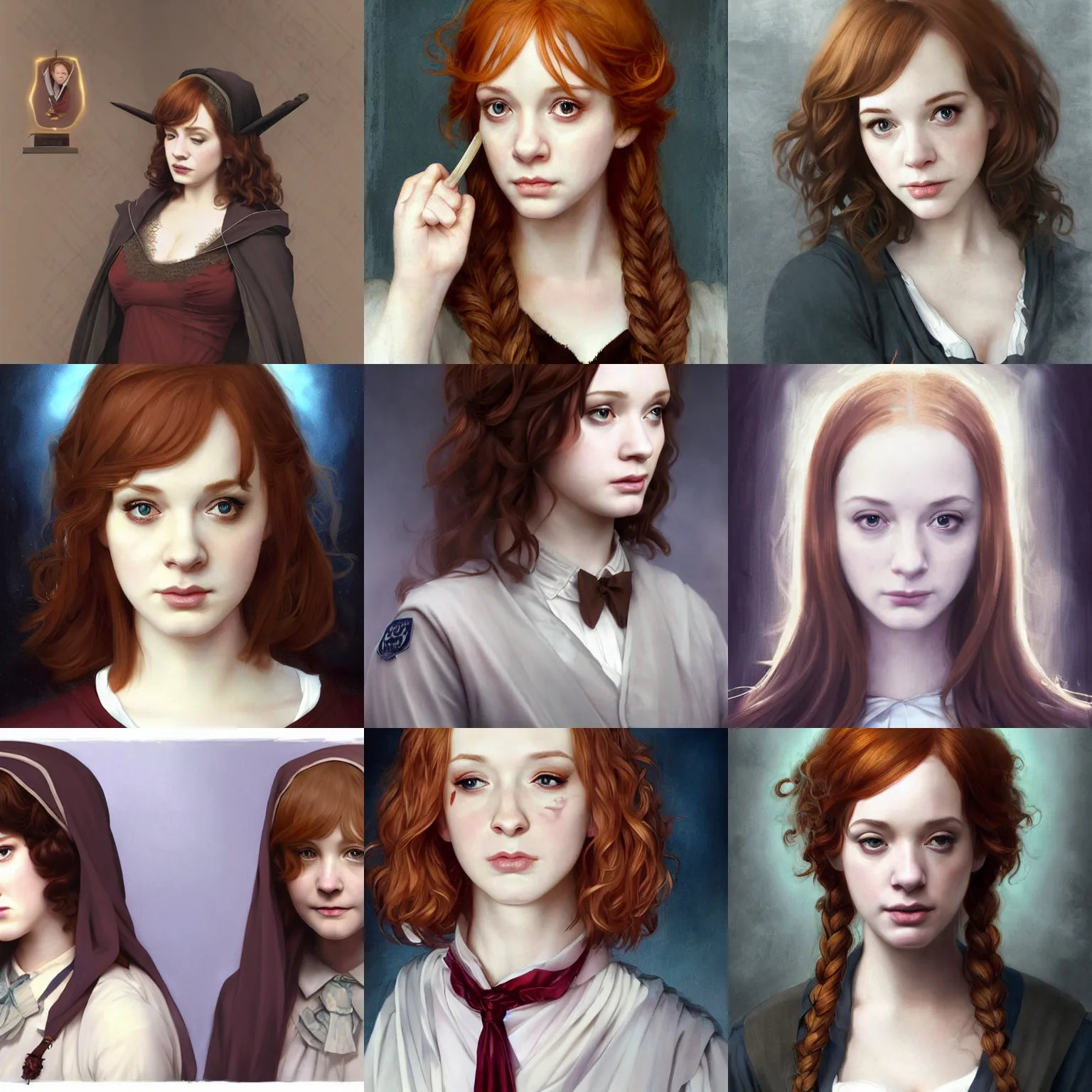 Prompt: beautiful, sad christina hendricks, sad expression dressed as a hogwarts student, with brown hair, harry potter, defined facial features, symmetrical facial features. by ruan jia and artgerm and range murata and krenz cushart and william adolphe bouguereau, key art, fantasy illustration, award winning, intricate detail realism hdr, full body portrait