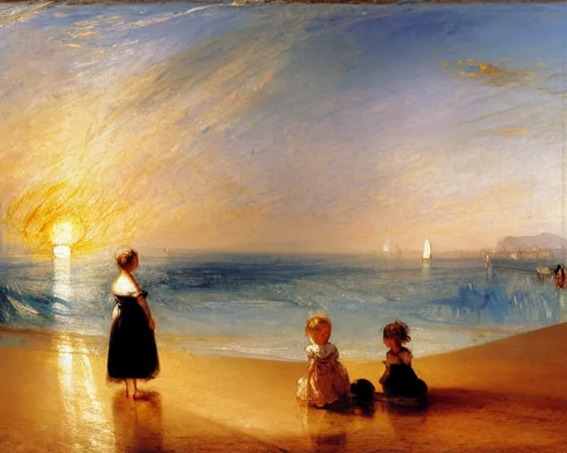 Image similar to a couple and a girl toddler on a beach in sardinia looking at the sunset, there is a sailing boat on the horizon, the woman has long dark hair, white sand, blue sky, summer, white and blue, painting by j. m. w. turner in 2 0 2 2