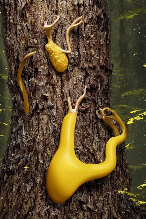 Image similar to A brilliant yellow banana slug with deer antlers, poised magnificently on a tree stump deep in a redwood forest, magical, deep woods, octane render, 8k,realism, insanely detailed, intricate, natural lighting, illustrated by TamberElla, national geographic wildlife photography, digital art, fantasy creature, realistic Trending on artstation, artstationHD, artstationHQ, 4k, 8k