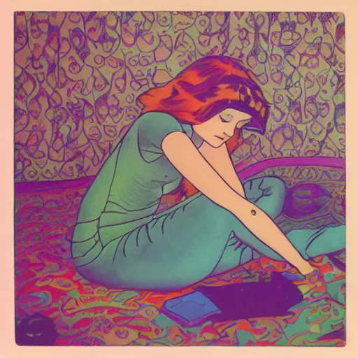 Prompt: rocker goth teen girl laying on the floor, writing on a journal. 1970s colorful psychedelic bedroom. Trippy. Mucha.