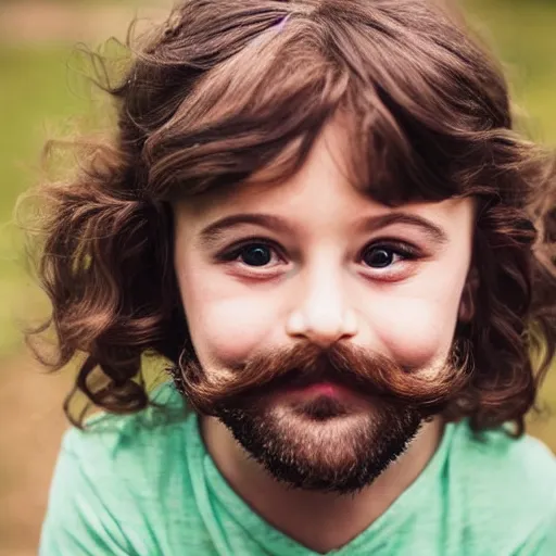 Image similar to small boy with beard and mustache looking at the camera and smiling