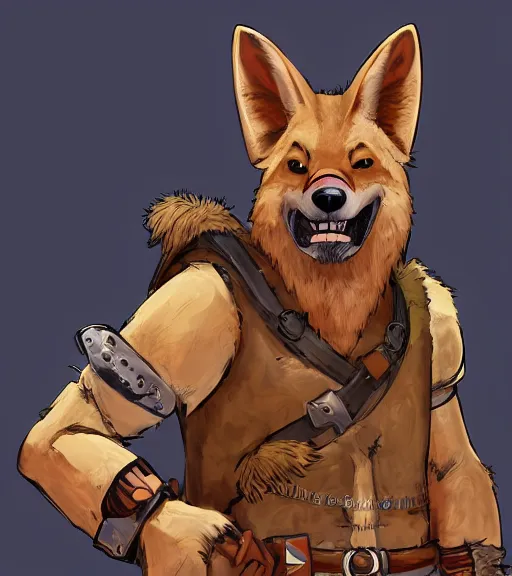 Prompt: stylized three quarters portrait concept art of the burly surly mercenary anthro anthropomorphic dingo dog head animal person fursona wearing clothes adventurer standing in australia outback, hidari, color page, tankoban, 4 k, tone mapping, akihiko yoshida, clean bright happy