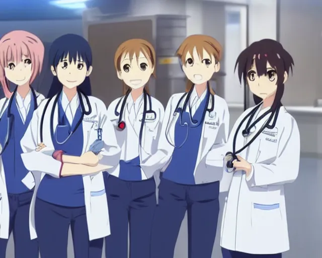 Image similar to five cute young female doctors wearing white coat standing in front of a CT machine, slice of life anime, lighting, anime scenery by Makoto shinkai