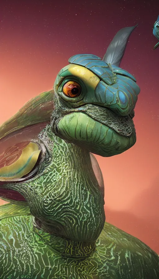 Prompt: a smartly dressed strange bird turtle giraffe chimera creature with scales feathers fins tusks on a lush fertile alien planet, in the style of shaun tan, sam shearon, dr seuss, leng jun, max ernst, surreal, close up, fantastic, wonderful, science fiction, dramatic studio lighting, atmospheric, national geographic, 3 d sculpture 8 k octane render