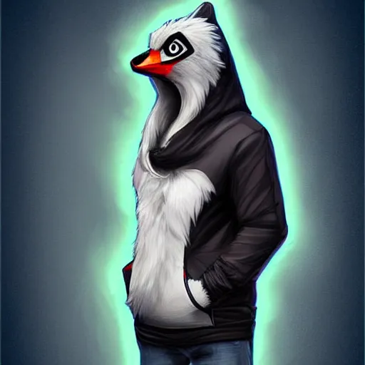 Prompt: humanoid furry! anthro avian!!! fursona, bird!!! digital art! trending on artstation! subject wearing hoodie and jeans!!