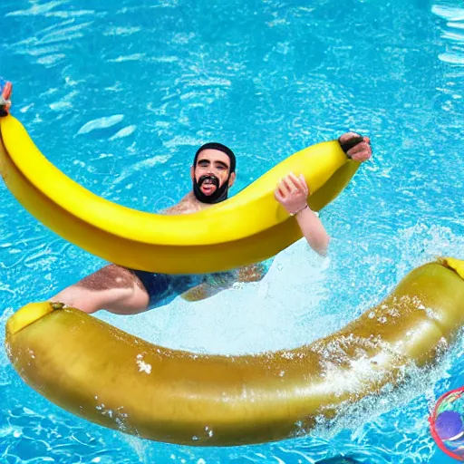 Prompt: Drake riding a big banana in a pool, 8k, sharp, high details, detailed face