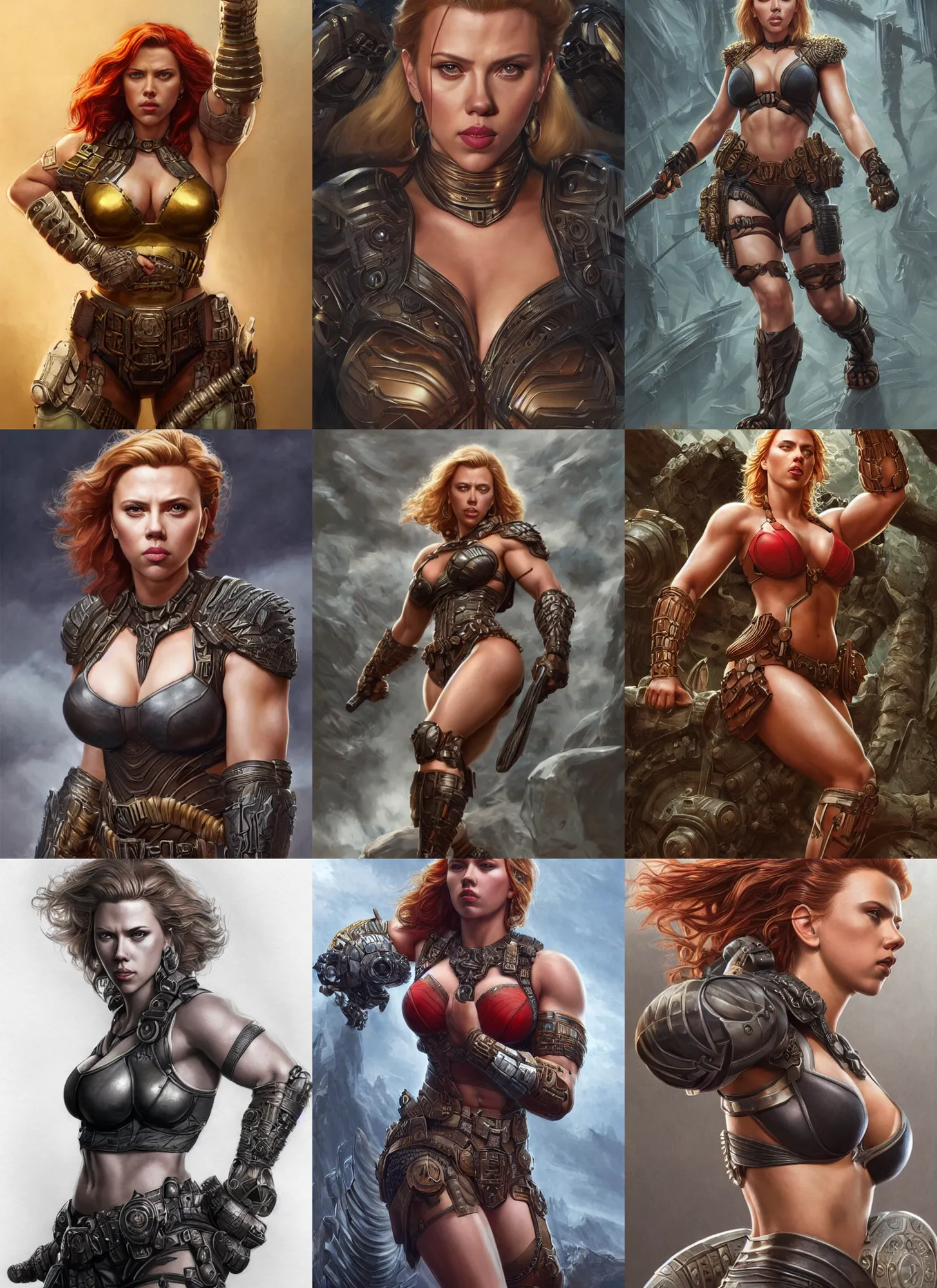 Prompt: Scarlett Johansson as a very muscled rugged looking Amazon, intricate, elegant, highly detailed, centered, digital painting, artstation, concept art, smooth, sharp focus, illustration, art by artgerm and donato giancola and Joseph Christian Leyendecker, WLOP