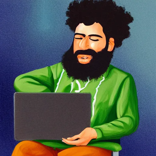 Image similar to a painting of a curly haired bearded man sitting at his computer with a rolling tray and a pile of weed ground up in front of him