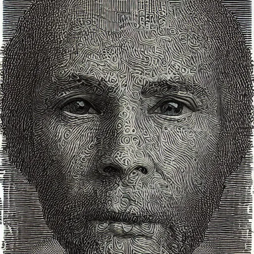 Prompt: A realistic portrait of the face that everyone in the world finds familiar by Gustave Dore in ASCII art style