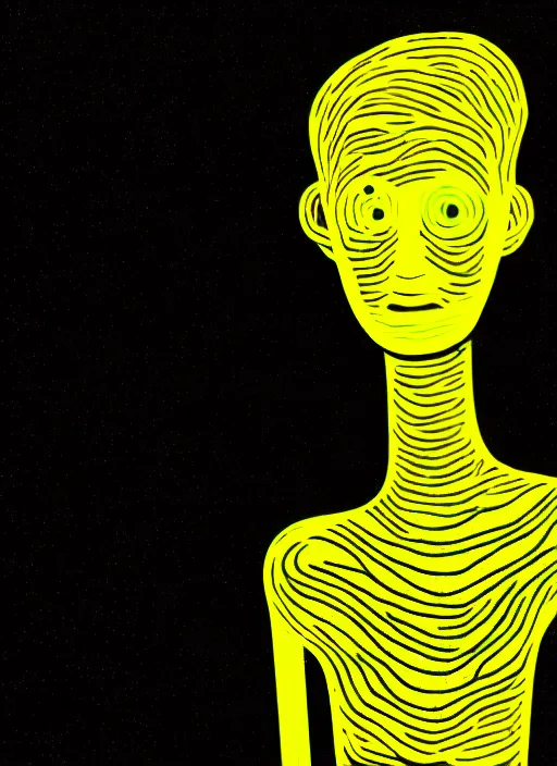 Prompt: highly detailed closeup portrait of wasteland long glowing yellow and white plasma hair tribal lady, stray electric spark wiring by jean jullien, 4 k resolution, gradient yellow, black and white color scheme!!! ( ( lightning robotic city background ) )