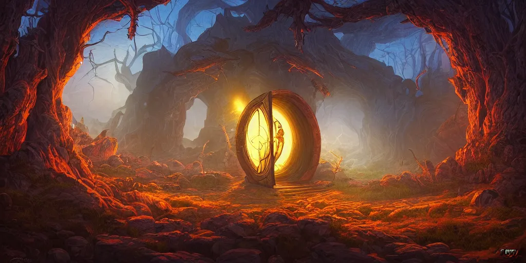 Image similar to fantasy world portal by Dan Mumford dramatic lighting, cinematic establishing shot, extremely high detail, photorealistic, cinematic lighting