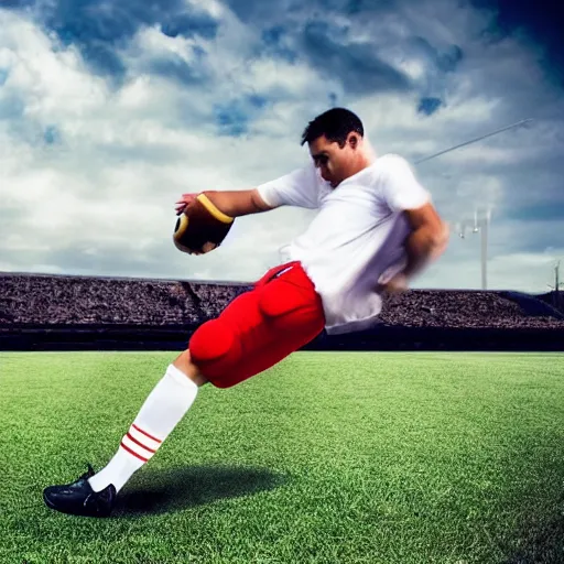 Image similar to a man kicking a football, photo,