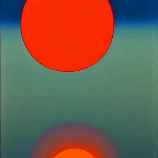 Image similar to hiroshi nagai painting. the sun has a face with many eyes and teeth. seen through the fog