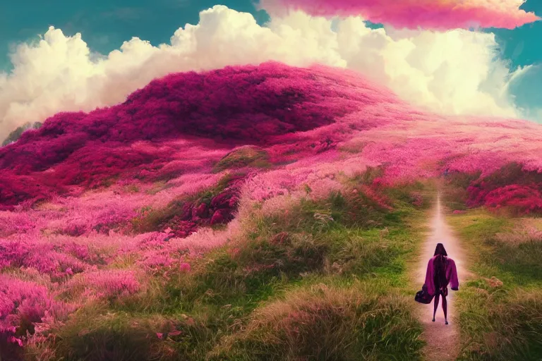 Image similar to giant dahlia flowers on head, girl walking on mountain, surreal photography, pink storm clouds, dramatic light, impressionist painting, digital painting, artstation, simon stalenhag