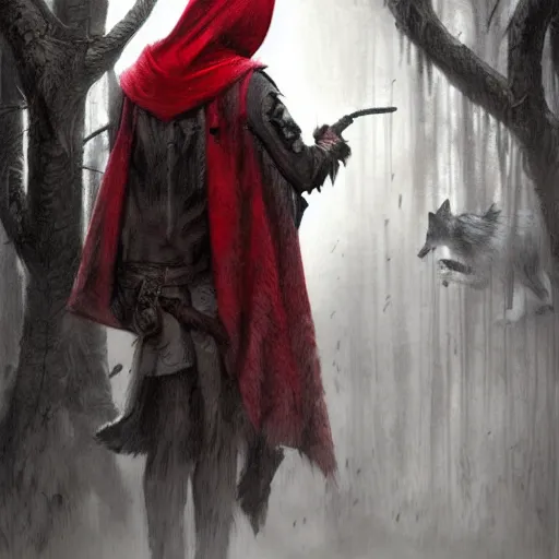 Image similar to elderly wolf hunter little red riding hood in the rain, detailed intricate ink illustration, dark atmosphere, detailed illustration, hd, 4k, digital art, overdetailed art, concept art, by greg rutkowski, by loish, complementing colors, Trending on artstation, deviantart