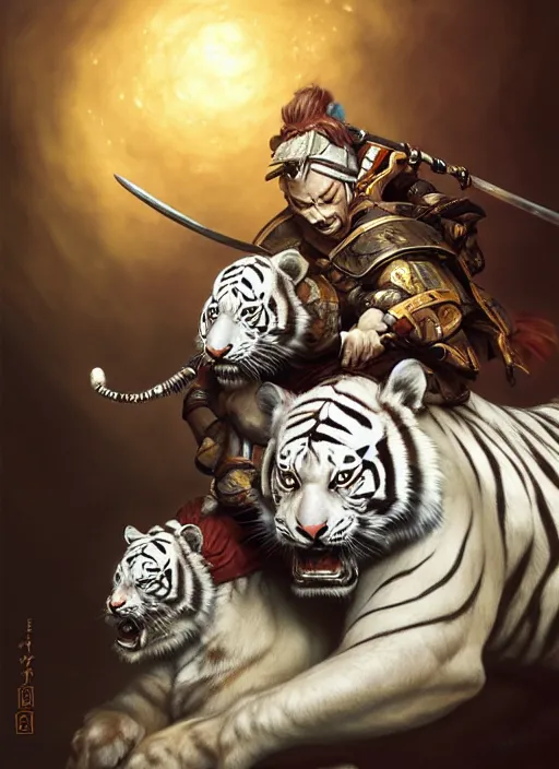 Image similar to samurai riding on a white tiger, subsurface scattering, by jesper ejsing, justin gerard, tomasz alen kopera, cgsociety and fenghua zhong, highly detailed, rim light, cinematic lighting, illustration, art, octane render, very coherent, cinematic, hyper realism, high detail, octane render, 8 k